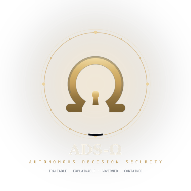 ADS-Ω emblem — the Omega mark with the keyhole inside an authority boundary seal; Autonomous Decision Security