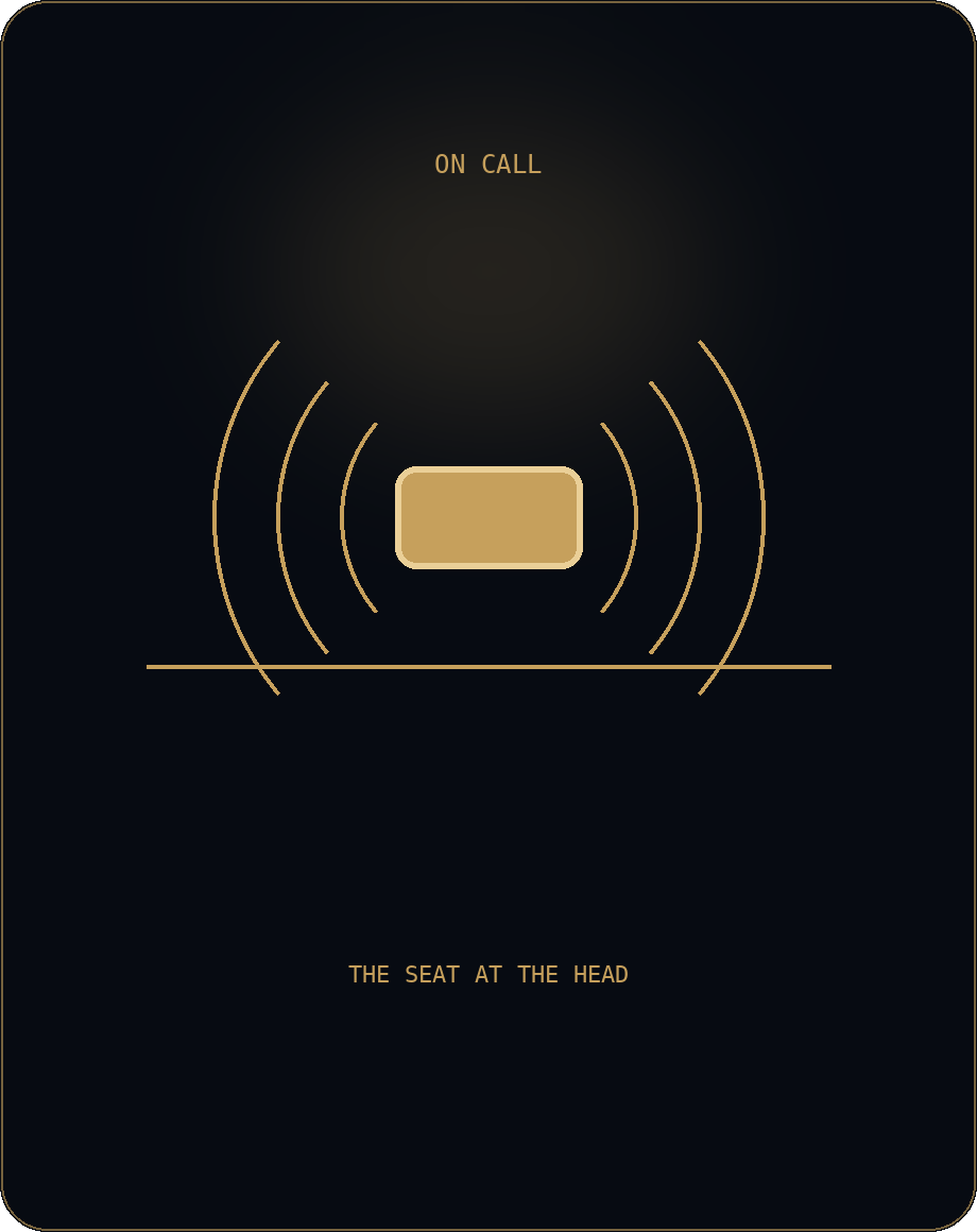 The seat at the head of the table, on call